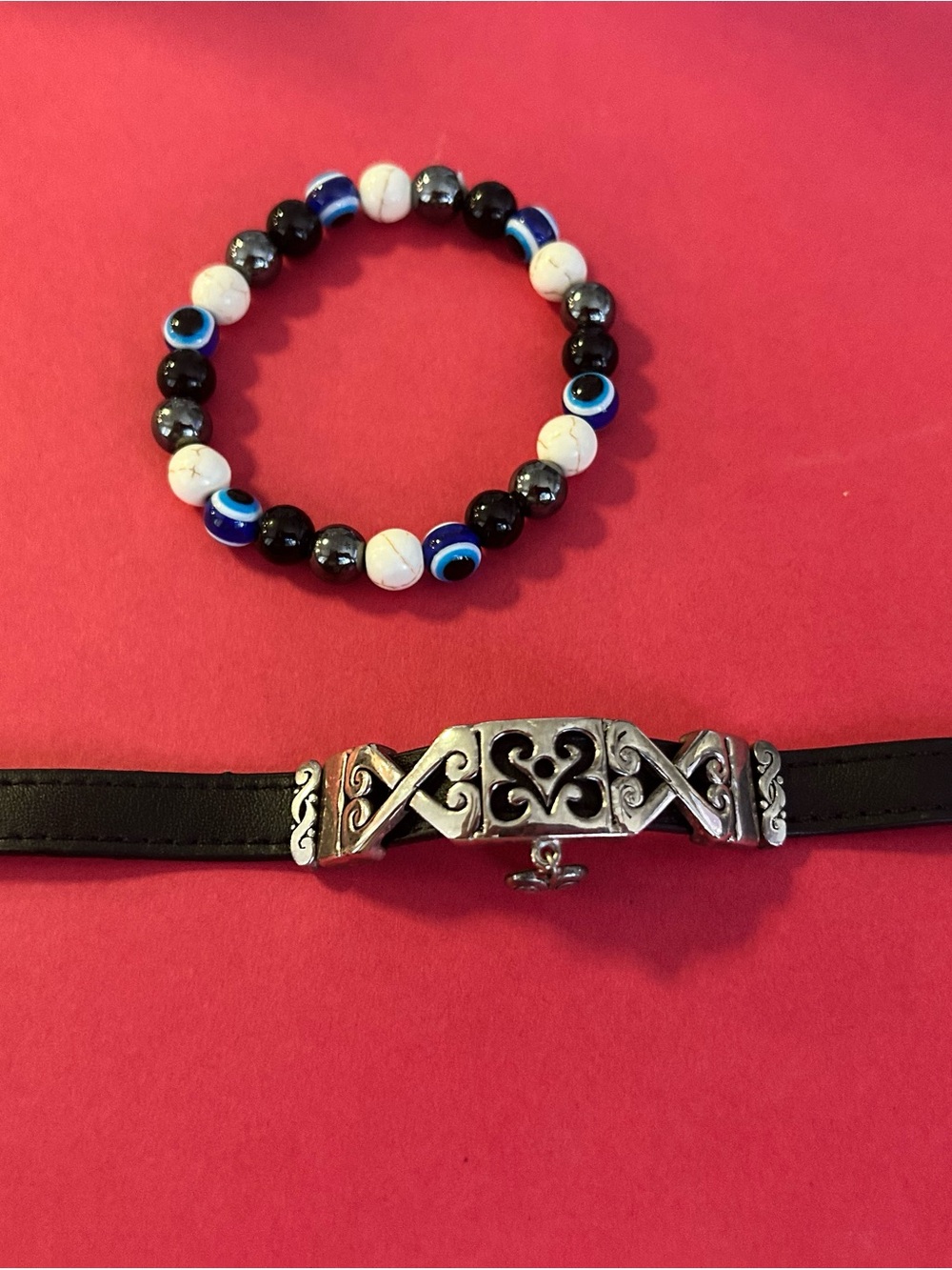 Evil Eye Beaded Stretch Bracelet - Black, White & Blue